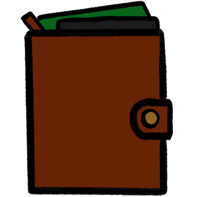 a closed brown wallet with a green bill and black card stickiing out of the top.